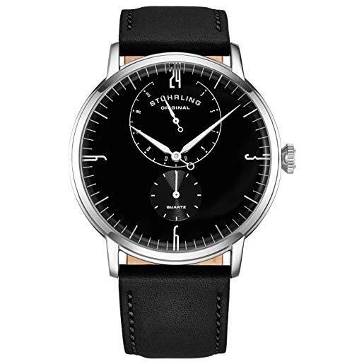 Stuhrling Original stührling - orologio da uomo horween con cinturino in pelle, stile minimalista, analogico, con cristalli bombati, orologio da uomo, quadrante 24 ore, orologio da uomo, nero/nero, 3969.3
