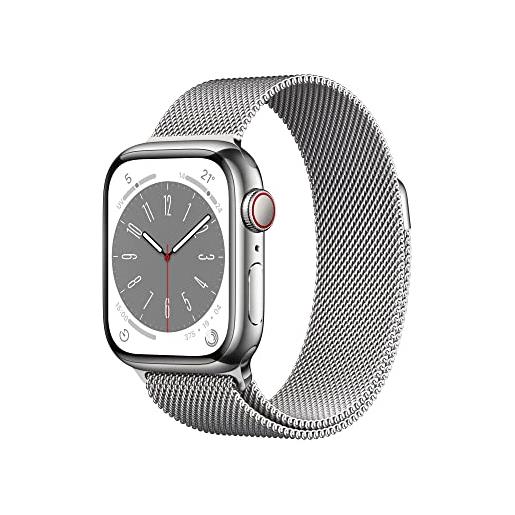 Apple watch series 8 (gps + cellular, 41mm) smartwatch con cassa in acciaio inossidabile color argento con loop in maglia milanese color argento. Fitness tracker, app livelli o₂, resistente all'acqua