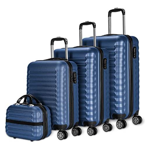 NUMADA - set di valigie 4pzs (53/63/75cm) e borsa da toilette blu navy, abs resistente, leggero con 4 ruote doppie e lucchetto combinazione laterale