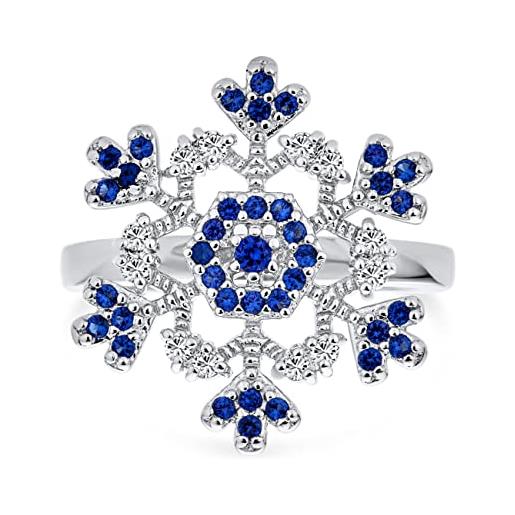 Bling Jewelry anello a fiore a forma di fiocco di neve con zirconi cubici a tonalità blu chiaro per donne in occasione delle vacanze invernali e del natale. Realizzato in argento sterling. 925