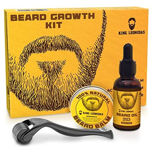 King Leonidas kit per la crescita della barba con derma roller 0,25 mm microneedling per uomo, cura professionale dei peli del viso con balsamo per barba e olio per barba