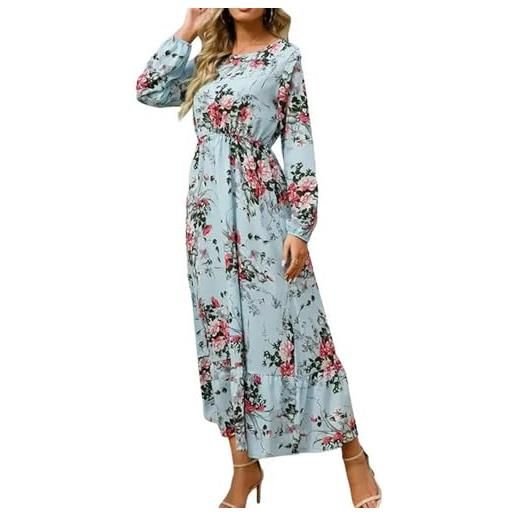 Generic abito lungo da donna a fiori vintage abiti primaverili autunnali boho manica lunga a-line moda abito da vacanza a vita alta streetwear-b-xxl