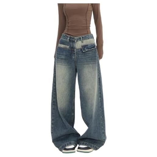 Left Girl jeans larghi vintage blu da donna y2k anni 2000 hippie pantaloni oversize in denim a gamba larga con effetto invecchiato pantaloni stile coreano, blu, xl