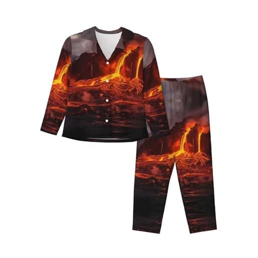 ELRoal pigiama da donna kilauea vulcano stampa camicia da notte a maniche lunghe set abbigliamento per la casa, nero , l
