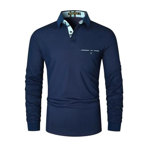KUNJLELP polo uomo manica lunga con tasca porta oggetti patchwork con stampa blu maglietta con colletto casuale m-3xl, blu 1, xl