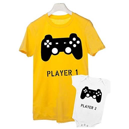t-shirteria coppia t-shirt body neonato festa papà player 1 player 2 gamer pad videogiocatore padre figlio bimbo