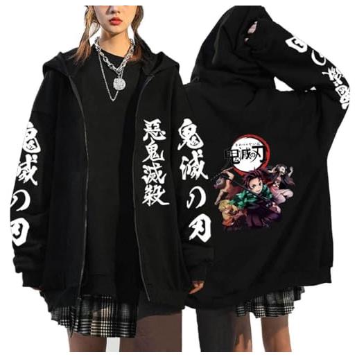 Bokerom anime demon slayer cosplay felpa unisex nero con cappuccio stampa zip up hoodie giacca cardigan (black 3, s)