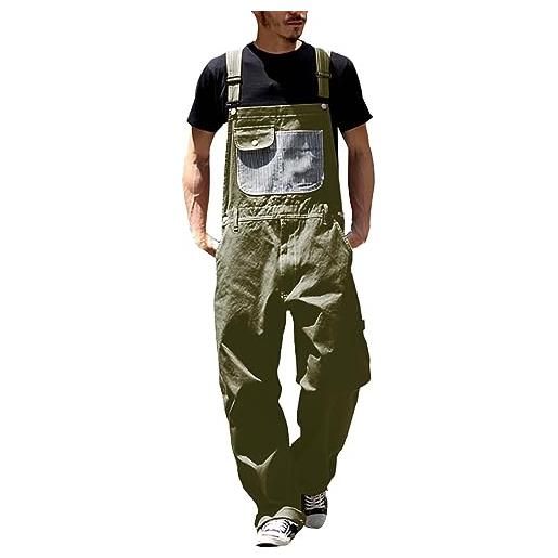 Beokeuioe salopette da uomo per il tempo libero, in jeans moderni, salopette da uomo, in denim, pantaloni da uomo, verde militare, xxxxl