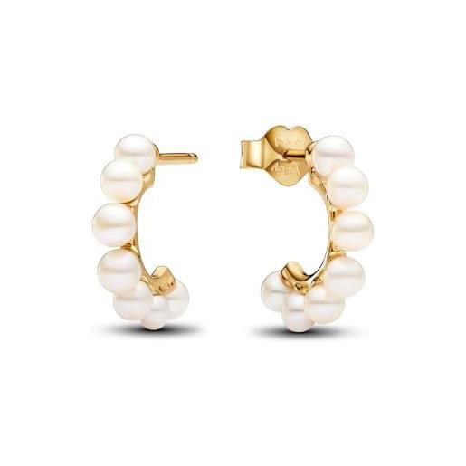 PANDORA timeless orecchini a cerchio placcati in oro 14k con perla coltivata d'acqua dolce trattata bianca, orecchini a cerchio