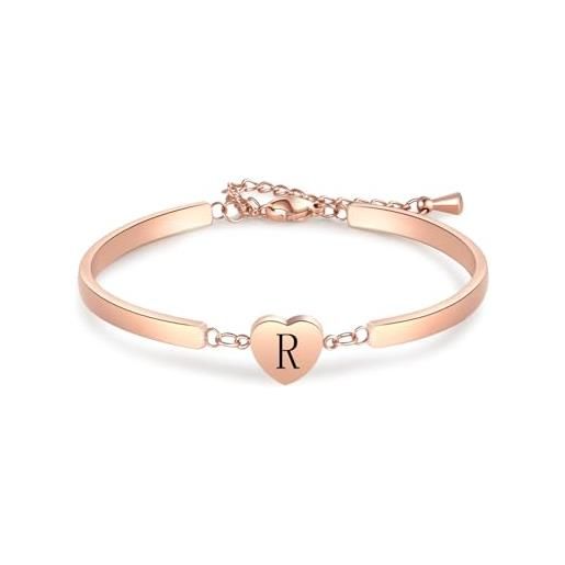 LSxAB braccialetto rigido con lettera a-z, in oro rosa, per donne e ragazze, in acciaio inox, con nome personalizzato, idea regalo di compleanno, acciaio inossidabile, nessuna pietra preziosa