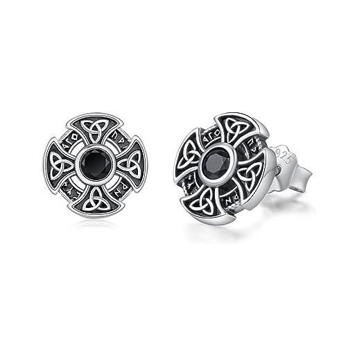 MEDWISE orecchini a forma di croce celtica, in argento sterling 925, piccoli orecchini celtici, con teschio nero, per ragazze, uomini, figli, adolescenti, regalo