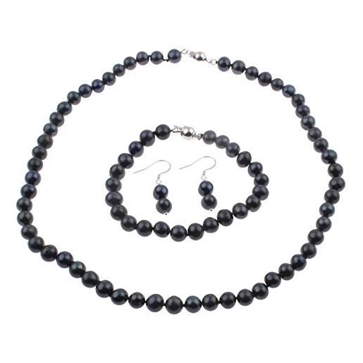 TreasureBay set di collana di perle nere | set di collana, bracciale e orecchini con perle d'acqua dolce nere da 7-8 mm, per donne e ragazze, perla, perla