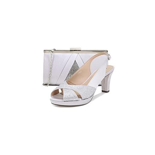 QUEEN HELENA sandali eleganti con strass con tacco basso donna s2817 (scarpa con pochette argento, numeric_37)