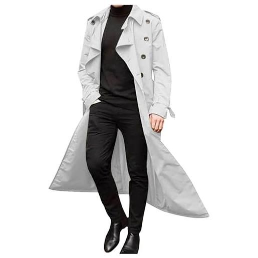 iOoppek cappotto di lana uomo lungo trench cappotti doppio petto cintura giacca allentata elegante cappotto uomo, bianco, xxl