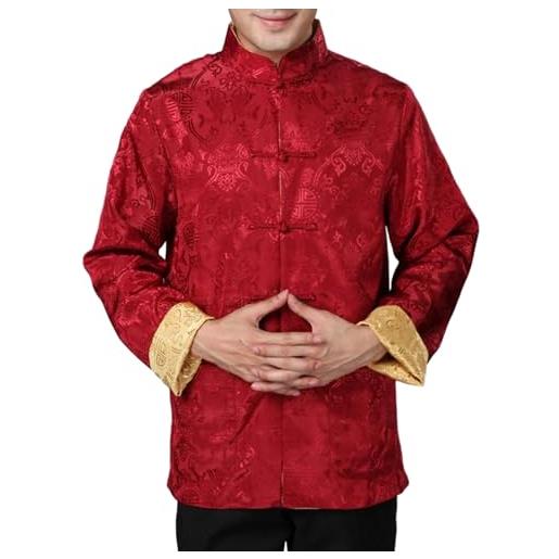 SHINROAD camicia da uomo in raso in stile cinese top di mezza età etnica retrò tang top stand collare manica lunga fibbia disco tradizionale, rosso, 3xl