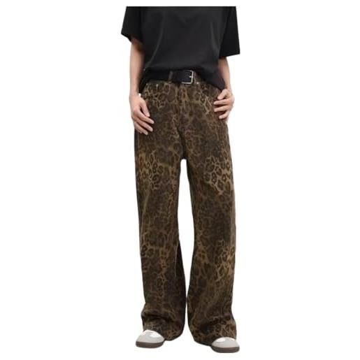 Mfhmom jeans con leopardo marrone chiaro da donna e da uomo oversize a gamba larga pantaloni da donne strada stile hip hop vintage in cotone largo casual (it, testo, m, regular, regular, marrone)