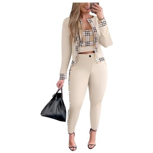 shownicer completo da donna 3 pezzi chiffon slim fit business blazer d'affari elegante ufficio cappotto giacca e pantaloni e crop top a albicocca l