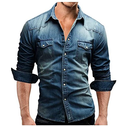 TANGLI camicia di jeans da uomo sbiadita top elastico a costine manica lunga abbottonatura candeggina spessa di jeans slim fit collo regolare tasche con borchie di perle stretch nuovo denim blu moda casual