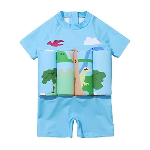 IMEKIS costume da bagno galleggiante per bambini, con dinosauro, costume da bagno intero con 8 galleggianti rimovibili, per imparare a nuotare, blu, 2-3 anni