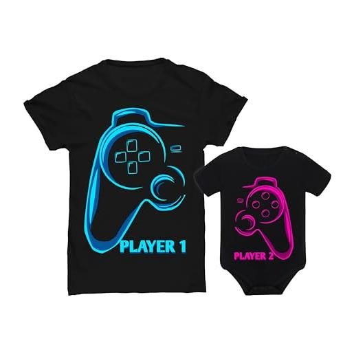 Bulabadoo coppia padre figlio body neonato maglietta neon fluo joystick player 1 giocatore 2 gamers nerd party papà bimbo