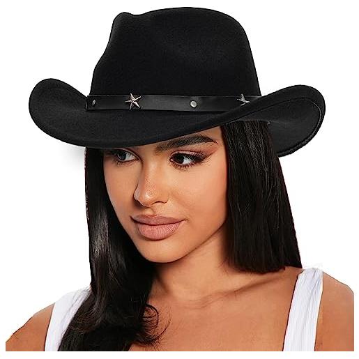 IZUS cappello da cowboy in feltro western outback per donne cowgirls fedora gus cappello rodeo per copricapo medio/grande, cappello da cowboy-nero, m/l