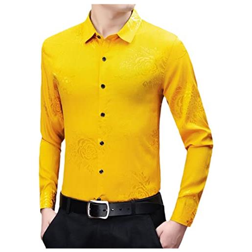 Dsimilarl camicia di raso di seta liscia gialla da uomo elegante floreale stampato mens slim fit manica lunga camicie casual morbida chemise