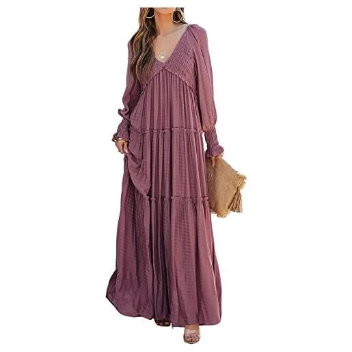 R.Vivimos abito lungo da spiaggia con scollo a v boho da donna a maniche lunghe con volant a più livelli flowy maxi abito(xl, beige)