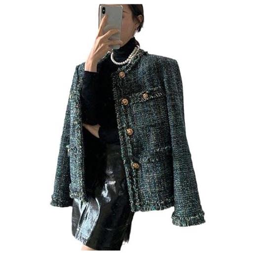 CHONG FENG XIA autunno inverno retro tweed moderno blu blazers - cappotto da donna o-collo, en8, l