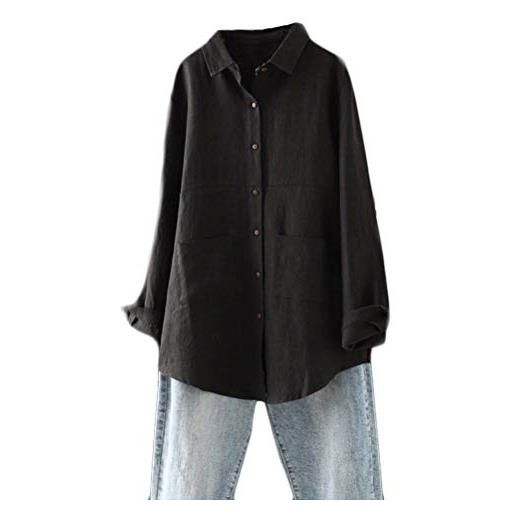 FTCayanz donna camicia lino manica lunga camicetta casual elegante blusa basic tunica nero xxl