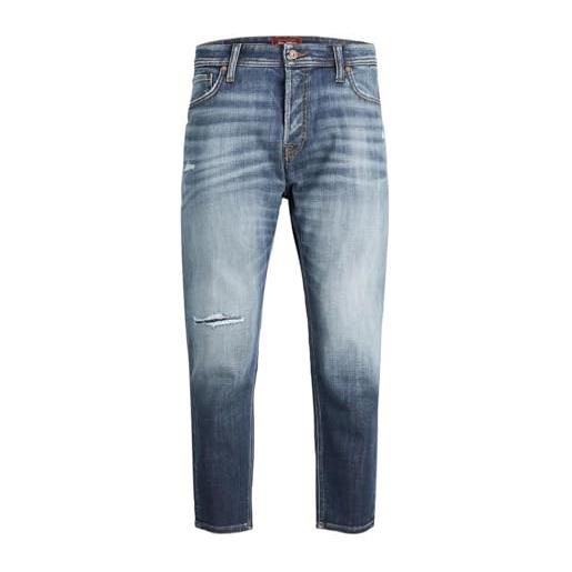 JACK & JONES jeans cropped lavaggio scuro e sfumate alle gambe con cuciture a contrasto e piccole rotture, vita alta. Blu blu denim 30w / 30l