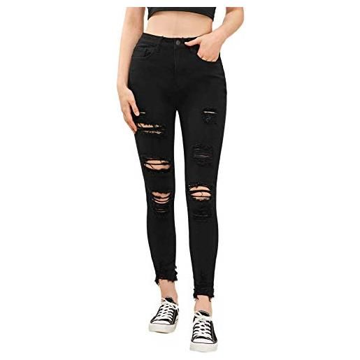 SweatyRocks pantaloni da donna a vita alta elasticizzati strappati skinny jeans invecchiati - nero - s