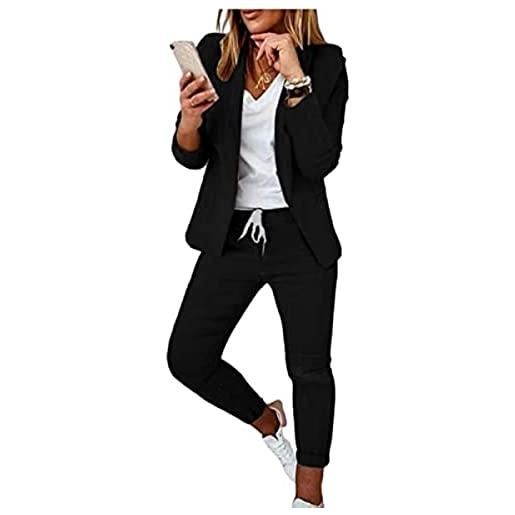 Yeooa donna 2 pezzi tinta unita manica lunga giacca e pantaloni lavoro casual moda giacca bavero slim business professionale ufficio abito abbigliamento (nero, l)