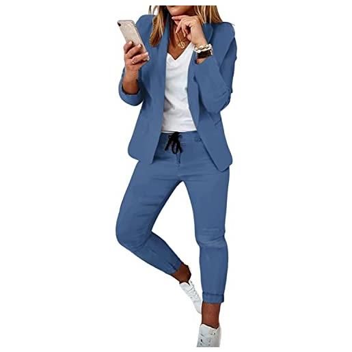Yeooa donna 2 pezzi tinta unita manica lunga giacca e pantaloni lavoro casual moda giacca bavero slim business professionale ufficio abito abbigliamento (blu, m)
