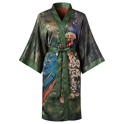 Ledamon accappatoio corto da donna a kimono, classico con motivo floreale, camicia da notte, verde prato, etichettalia unica