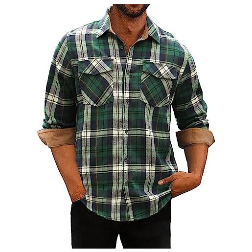 APOONABA uomo camicia in flanella manica lunga cotone shirts classiche a quadri camicie flanella casual camicia molla autunno estate inverno verde l