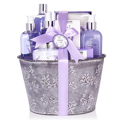Brubaker set beauty da bagno e doccia con fragranza floreale di lavanda - set regalo in 9 pezzi in una tinozza decorativa vintage