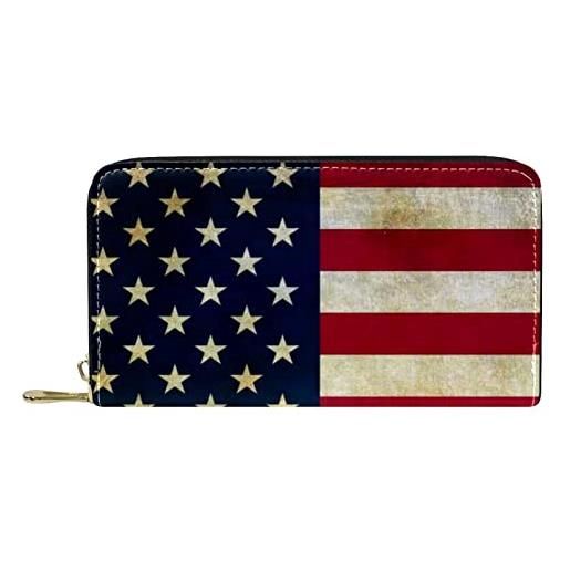 WOSHJIUK portafogli per donna e uomo borsa porta carte, stampa bandiera americana vintage, portamonete grande in pelle pu