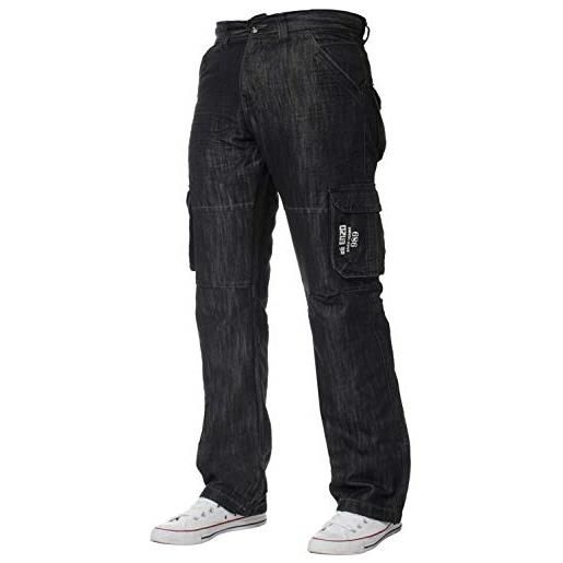 Ze ENZO pantaloni jeans denim cargo da combattimento firmati per uomo lavaggio nero 38w / 34l