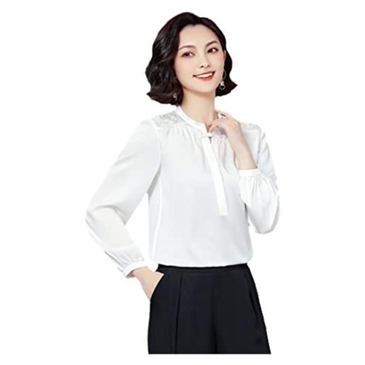 Pulcykp camicetta da donna a maniche lunghe top o-collo camicetta in chiffon camicia da lavoro con colletto alla coreana, bianco, xl