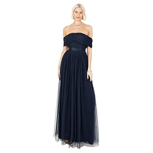 Anaya with Love womens ladies maxi dress bardot off shoulder with belt long empire waist for wedding guest prom evening gown bridesmaid, vestito donna, navy blue, 
