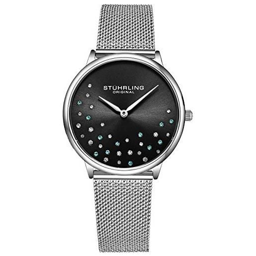 STUHRLING orologio da donna originale krystal quadrante analogico, cinturino in maglia di acciaio inossidabile 3928 orologi per la collezione delle donne, nero , bracciale