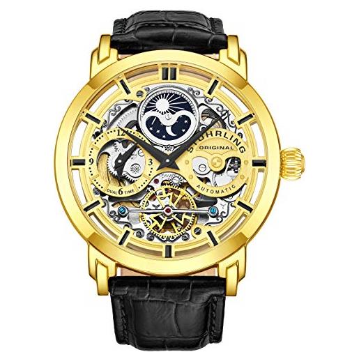 Stuhrling Original mens automatic-self-wind luxury dress skeleton dual time gold-tone wrist-watch 22 jewels 47 mm stainless steel case decorative exposed back embossed supple genuine leather strap. 