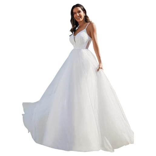 Ever-Pretty vestito da sposa lungo perla linea a stile impero collo a v senza maniche abiti da cerimonia chic ed elegante bianco 44