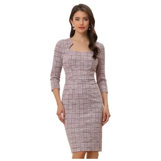 Allegra K elegante abito da lavoro da donna con maniche a 3/4 plaid tweed abiti aderenti, rosa, s