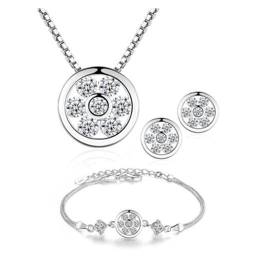 CRYSTALINA set di gioielli in argento 925 per donne, collana, orecchini e bracciale con zirconi, set di gioielli in argento per donne, regali originali per donne (fiore)