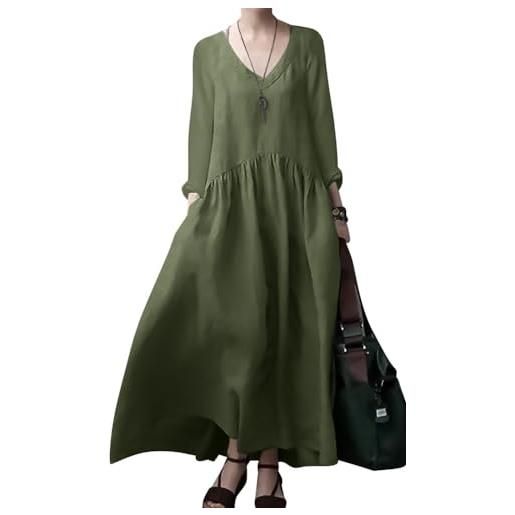 ORANDESIGNE abito lungo donna cotone e lino caftano boho abito ampio casual manica lunga scollo a v abiti lunghi oversized vestiti maxi abito largo tasche vestito spiaggia estivo a bianco xl