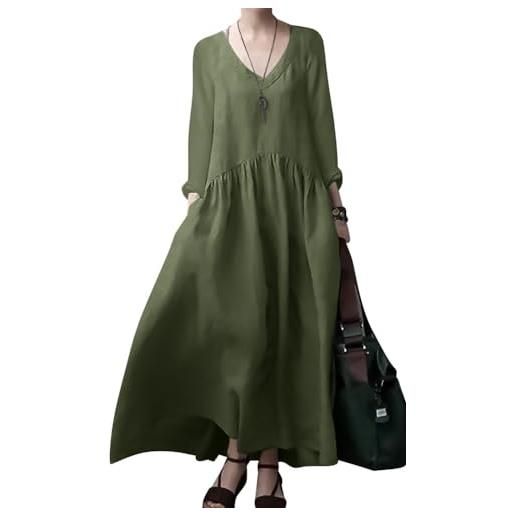 ORANDESIGNE abito lungo donna cotone e lino caftano boho abito ampio casual manica lunga scollo a v abiti lunghi oversized vestiti maxi abito largo tasche vestito spiaggia estivo a army green 3xl