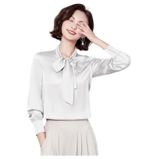 LCDIUDIU camicia da donna con colletto alla coreana in raso di seta a maniche lunghe con papillon, magliette pullover a tunica in tinta unita bianca maglietta elegante da lavoro per ufficio, rosa ross