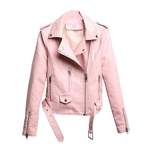 Shaoyao donna giacca giacchetto cintura pelle ecopelle corto slim da motociclista pink l