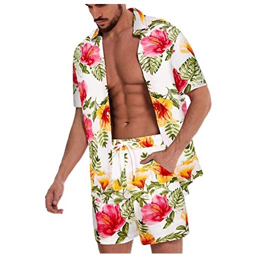 Generic uomini primavera estate set casual floreale hawaiano beach set tropicale casual button down camicia manica corta stampato breve set abiti con cravatte, bianco, xl
